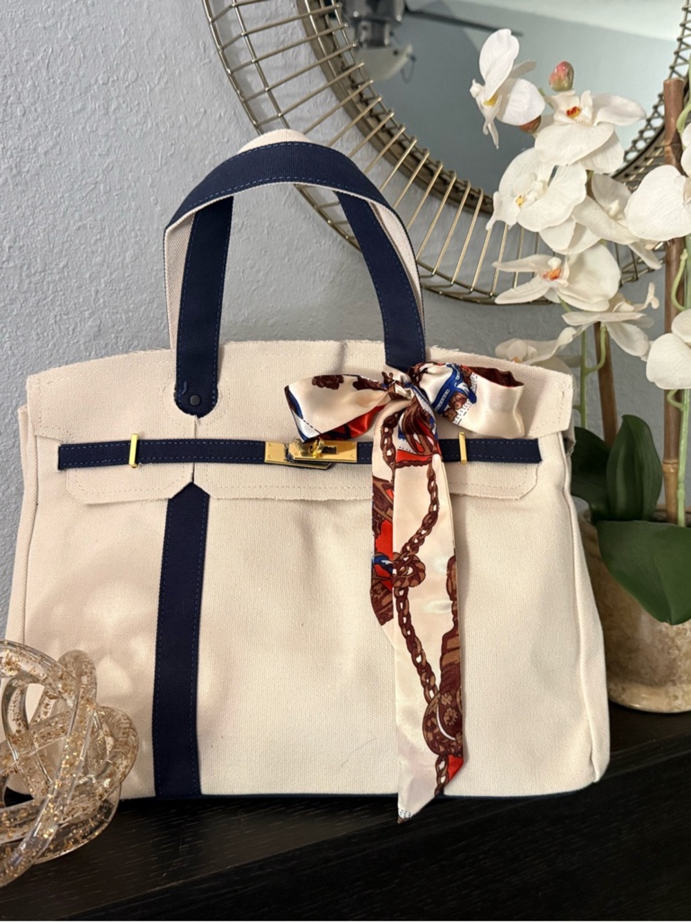 Boatkin-style Canvas Top-Handle Tote Bag in Cream with Navy Trim